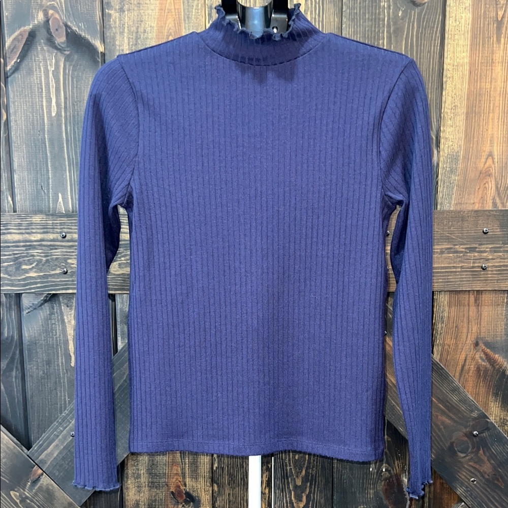 J. Crew‎ Blue Ruffle Mock Neck Top S Ribbed Minimalist Preppy Chic Capsule Basic